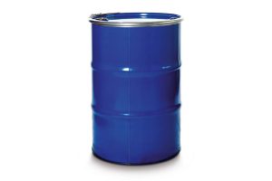blaues Metalldeckelfass mit Spunden 213 Liter